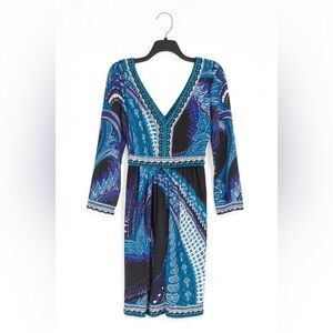 New York & Company V-Neck Stretch Dress – Size Large, Bold Print, Back Tie